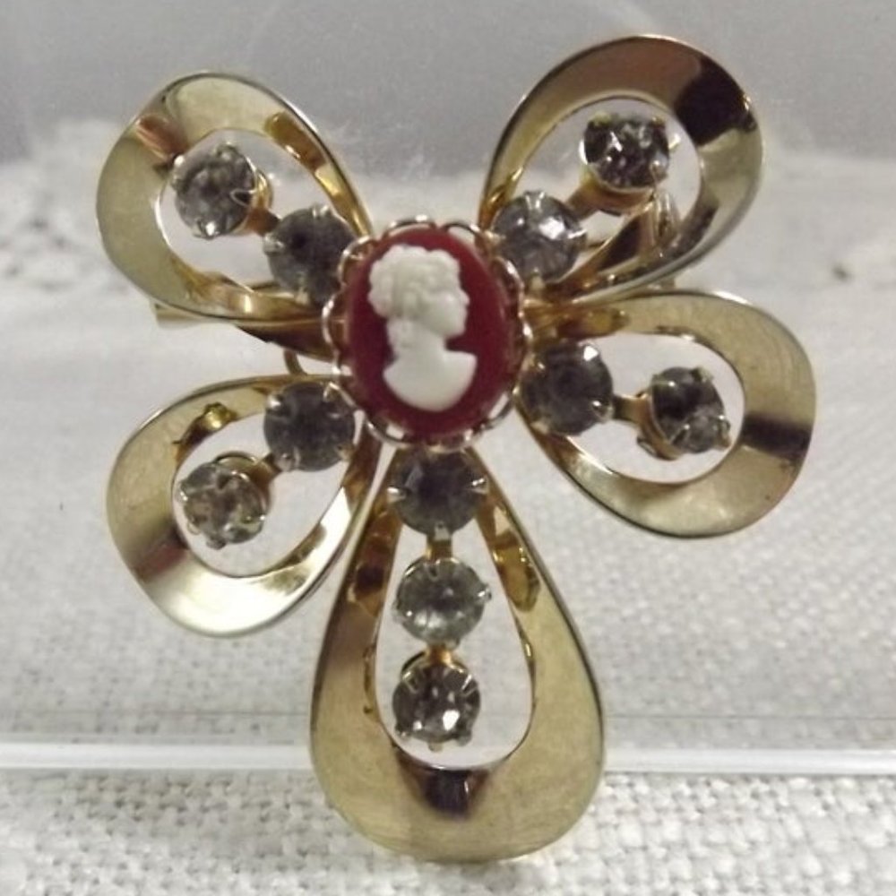 Vintage Unique Cameo and Rhinestone Brooch